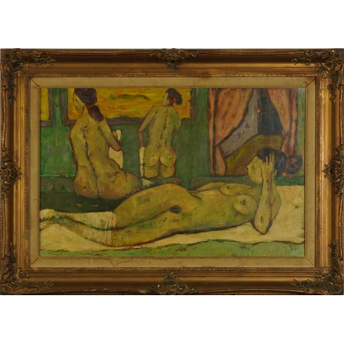 2524 - Boudoir interior with nude females dressing, Impressionist oil on board, mounted and framed, 69.5cm ... 