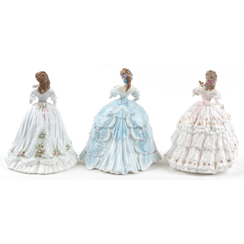 2264 - Three Royal Worcester figurines with boxes comprising Fairest Rose 260/12500, The First Quadrille 63... 