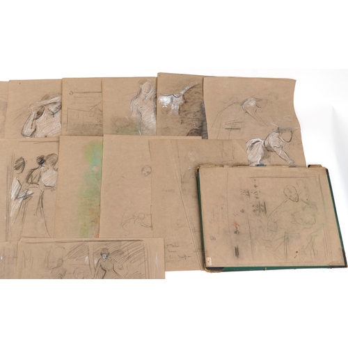 2502 - Folio of charcoal drawings and sketches, predominantly still life and nude females, each approximate... 