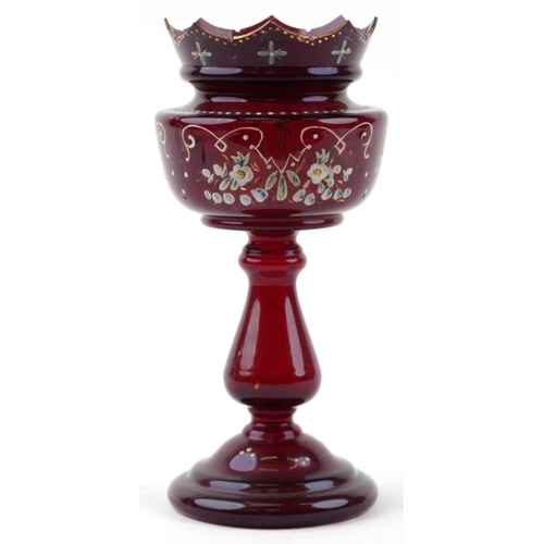 2478 - Bohemian ruby glass lustre vase hand painted with flowers, 30.5cm high