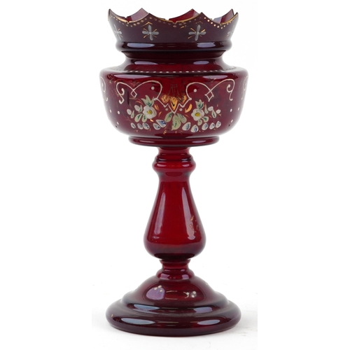 2478 - Bohemian ruby glass lustre vase hand painted with flowers, 30.5cm high