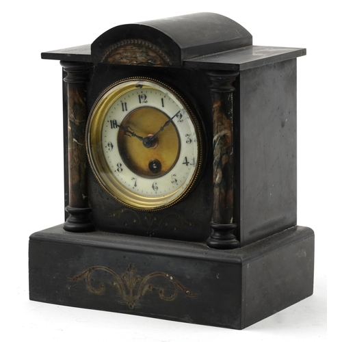 2479 - Victorian black slate architectural mantle clock with marble columns having circular enamelled chapt... 