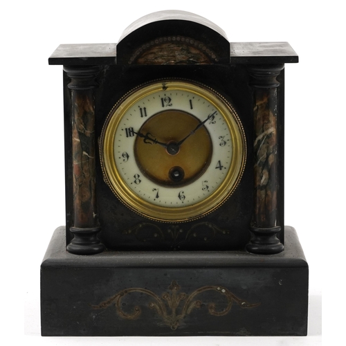 2479 - Victorian black slate architectural mantle clock with marble columns having circular enamelled chapt... 