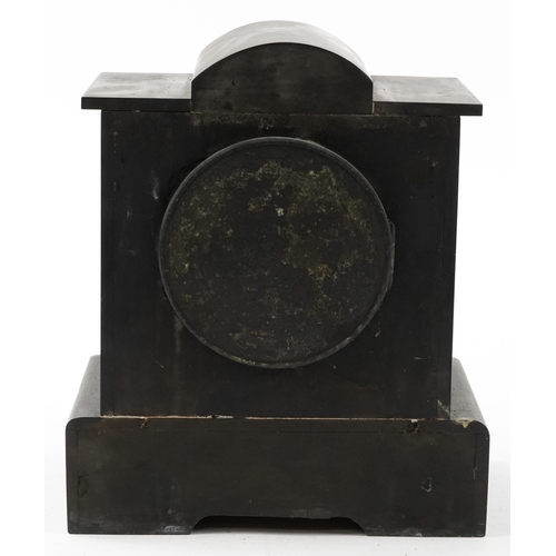 2479 - Victorian black slate architectural mantle clock with marble columns having circular enamelled chapt... 