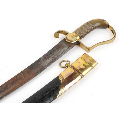 1409 - Georgian British military cavalry sabre with brass mounted leather scabbard and horn handle, indisti... 