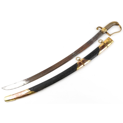 1409 - Georgian British military cavalry sabre with brass mounted leather scabbard and horn handle, indisti... 