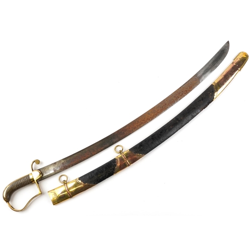 1409 - Georgian British military cavalry sabre with brass mounted leather scabbard and horn handle, indisti... 