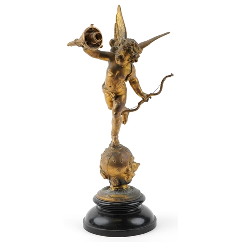 172 - After Emile Bruchon, antique gilt spelter table lamp in the form of Putti on a globe entitled L'Amou... 