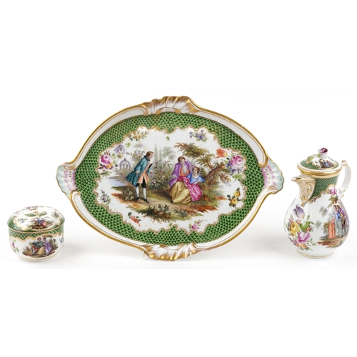 244 - Carl Thieme, 19th century German Potschappel porcelain oval cabaret tray with coffee pot and lidded ... 