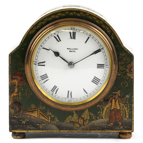 298 - Early 20th century green lacquered chinoiserie mantle clock hand painted with a figure before water ... 