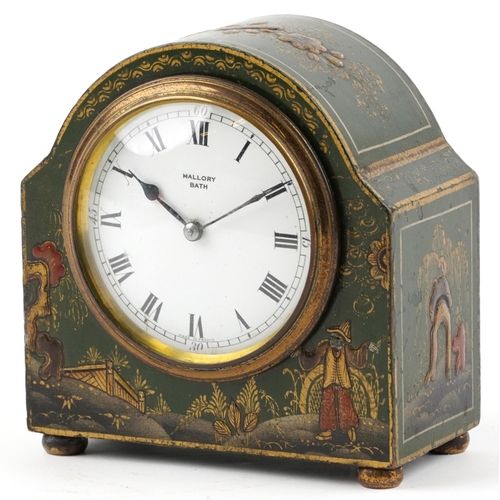 298 - Early 20th century green lacquered chinoiserie mantle clock hand painted with a figure before water ... 