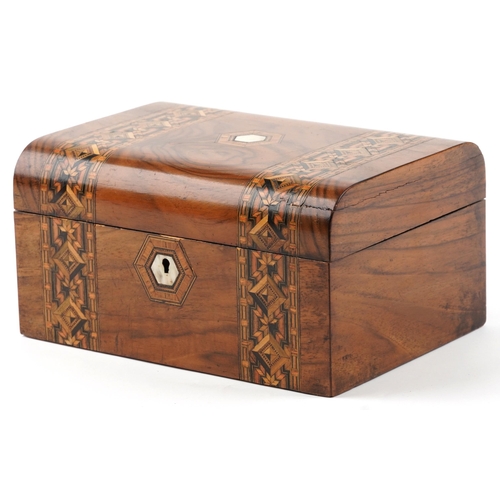 2389 - Victorian parquetry inlaid walnut sewing box with mother of pearl inlay, 15cm H x 27.5cm W x 20cm D