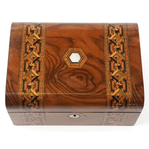 2389 - Victorian parquetry inlaid walnut sewing box with mother of pearl inlay, 15cm H x 27.5cm W x 20cm D