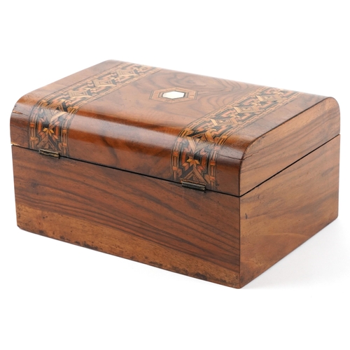 2389 - Victorian parquetry inlaid walnut sewing box with mother of pearl inlay, 15cm H x 27.5cm W x 20cm D