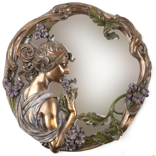 2323 - Art Nouveau style bronzed maiden design wall mirror, 49cm in diameter