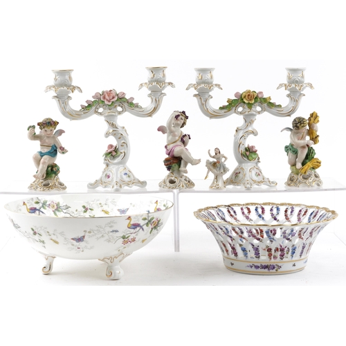 2485 - Continental and English porcelain including Dresden Lace figurine, three figures of Putti, Meissen s... 