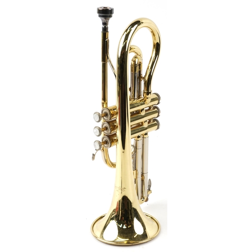 1018 - Blessing, American brass cornet with fitted case. serial number 549551, 37cm in length