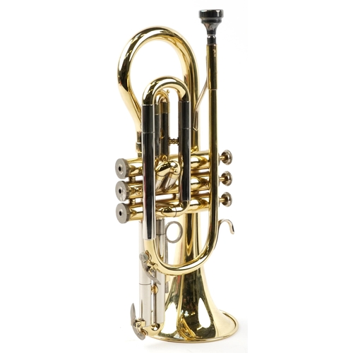 1018 - Blessing, American brass cornet with fitted case. serial number 549551, 37cm in length