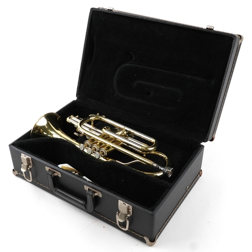 1018 - Blessing, American brass cornet with fitted case. serial number 549551, 37cm in length