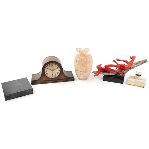 2662 - Sundry items including a Napoleon hat shaped Westminster chime mantle clock, Art Deco onyx inkwell a... 