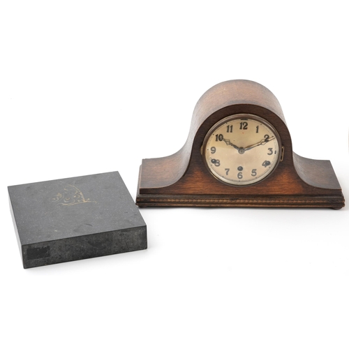 2662 - Sundry items including a Napoleon hat shaped Westminster chime mantle clock, Art Deco onyx inkwell a... 