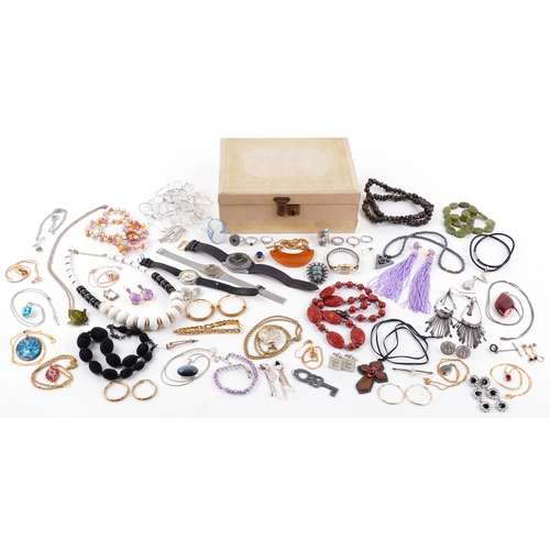 3718 - Vintage and later costume jewellery and wristwatches, some silver, including jewelled brooches, ring... 