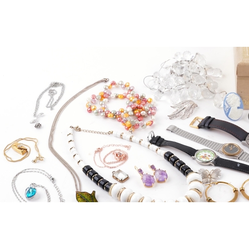 3718 - Vintage and later costume jewellery and wristwatches, some silver, including jewelled brooches, ring... 