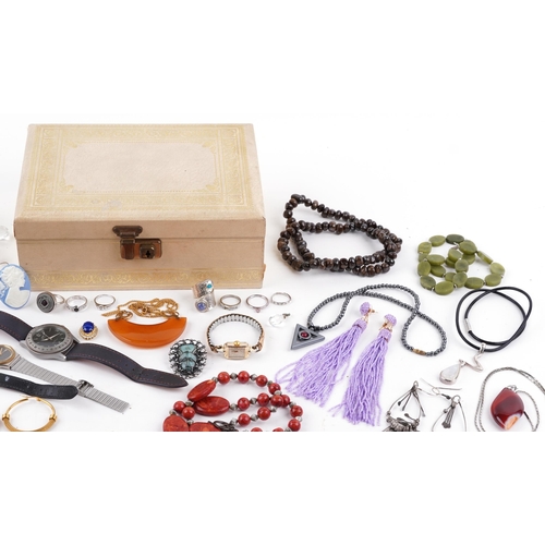 3718 - Vintage and later costume jewellery and wristwatches, some silver, including jewelled brooches, ring... 