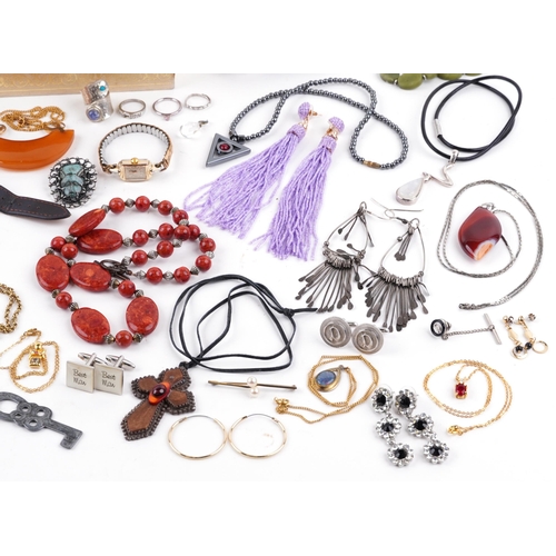 3718 - Vintage and later costume jewellery and wristwatches, some silver, including jewelled brooches, ring... 