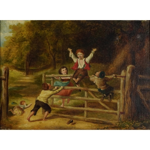 Follower of William Collins - Happy as a King, children playing on a five bar gate, 19th century oil on canvas, details verso, mounted and framed, 34cm x 25cm excluding the mount and frame