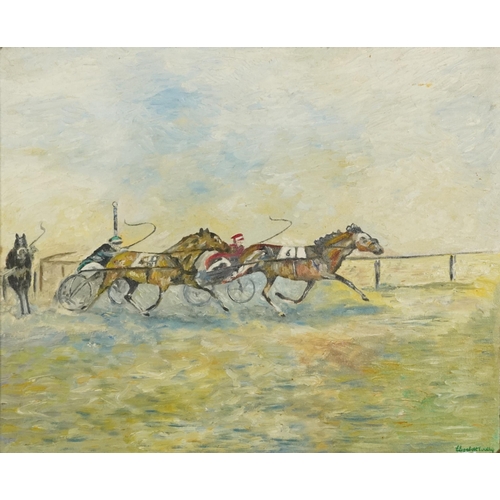 2561 - French horseracing scene, French Impressionist oil on canvas, framed, 49.5cm x 39cm excluding the fr... 