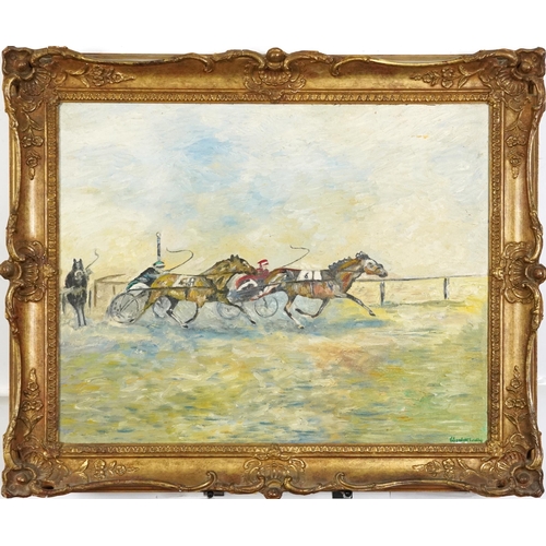 2561 - French horseracing scene, French Impressionist oil on canvas, framed, 49.5cm x 39cm excluding the fr... 