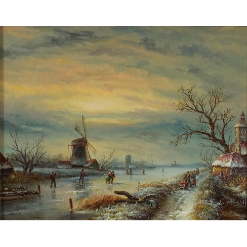 717 - Skaters on frozen lake before windmills, 20th century Dutch school oil on wood panel, mounted and fr... 