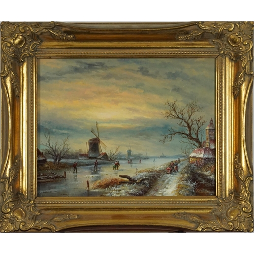 717 - Skaters on frozen lake before windmills, 20th century Dutch school oil on wood panel, mounted and fr... 