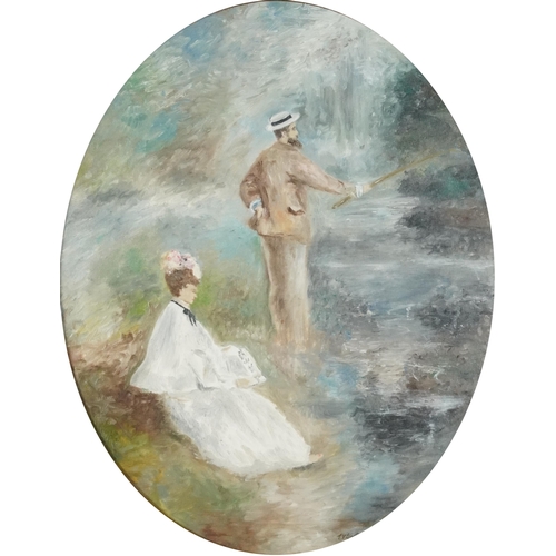 2565 - Gentlemen fishing with and admirer, French Impressionist oval oil on board, framed, 49.5cm x 39cm ex... 