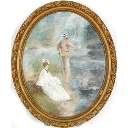 2565 - Gentlemen fishing with and admirer, French Impressionist oval oil on board, framed, 49.5cm x 39cm ex... 