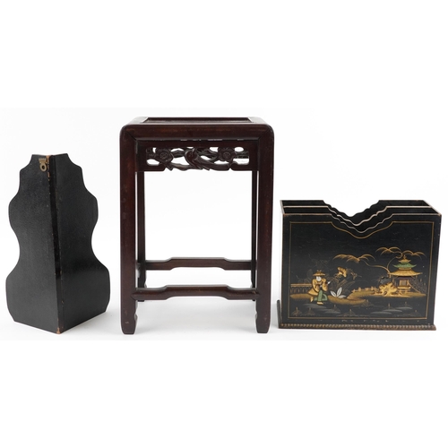 2540 - Chinese sundry items including chinoiserie magazine rack gilded with figures beside water, three fol... 