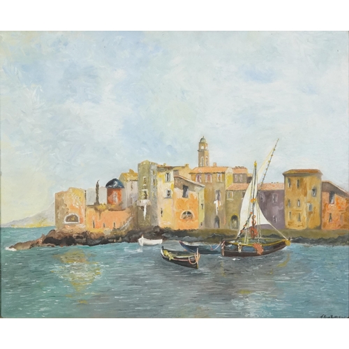 2563 - Fishing boats with continental villas, Impressionist oil on canvas, framed, 59cm x 50cm excluding th... 