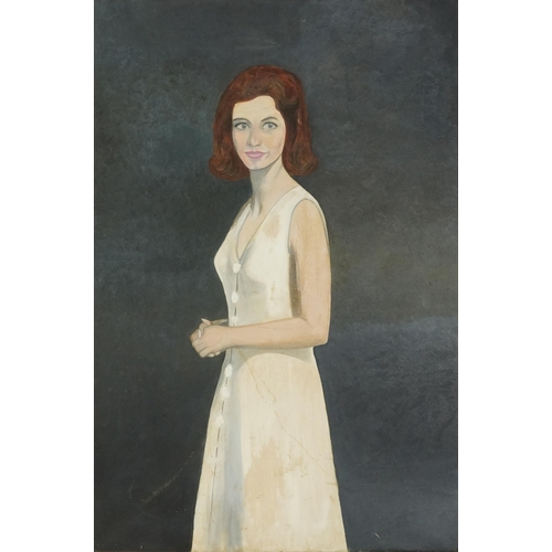 2619 - Full length portrait of a standing female wearing a white dress, Modern British oil on canvas, mount... 