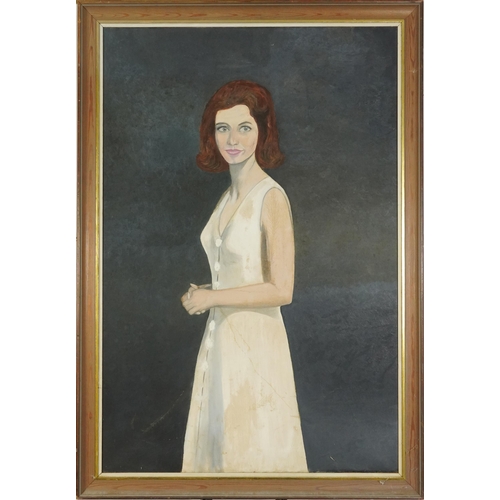 2619 - Full length portrait of a standing female wearing a white dress, Modern British oil on canvas, mount... 