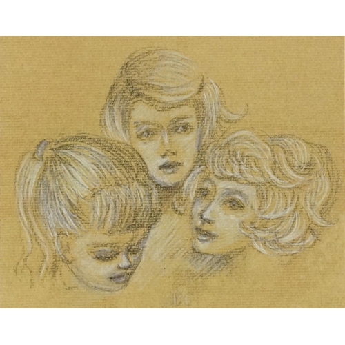 2683 - Portrait of three females, mixed media, inscribed PC, mounted, framed and glazed, 16.5cm x 13.5cm ex... 