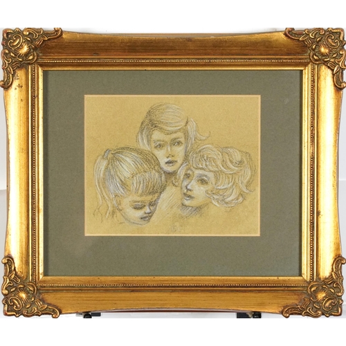 2683 - Portrait of three females, mixed media, inscribed PC, mounted, framed and glazed, 16.5cm x 13.5cm ex... 