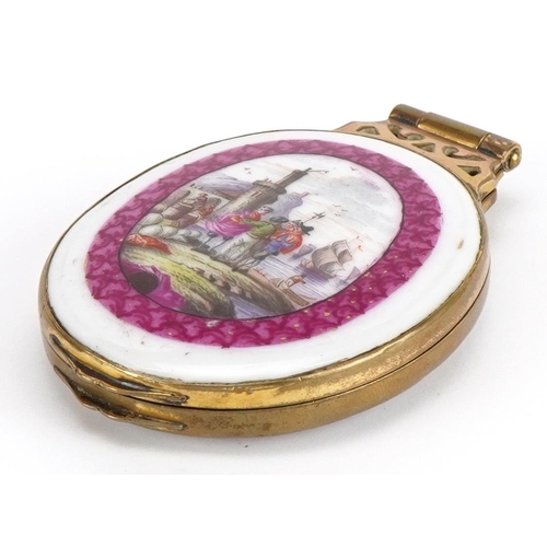 221 - 19th century Continental brass locket with two porcelain panels hand painted with 18th century port ... 