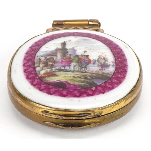 221 - 19th century Continental brass locket with two porcelain panels hand painted with 18th century port ... 