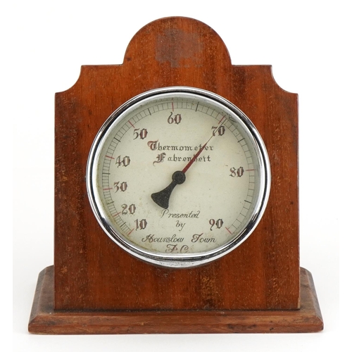 1696 - Footballing interest Fahrenheit thermometer with wooden case presented by Hounslow Town FC, 16.5cm h... 