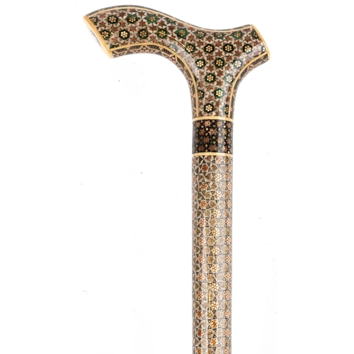 2664 - Vizagapatam style Islamic micro mosaic inlaid walking stick and a leather bound Quran, 95.5cm in len... 