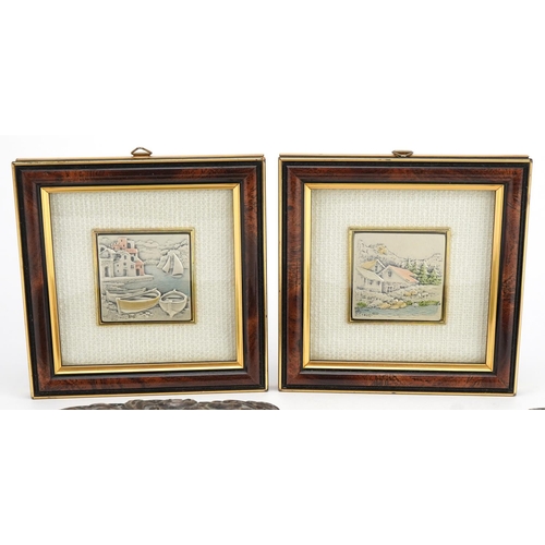 2487 - Pair of Cadeor Italian silver plaques housed in glazed frames and a silver backed hand mirror profus... 