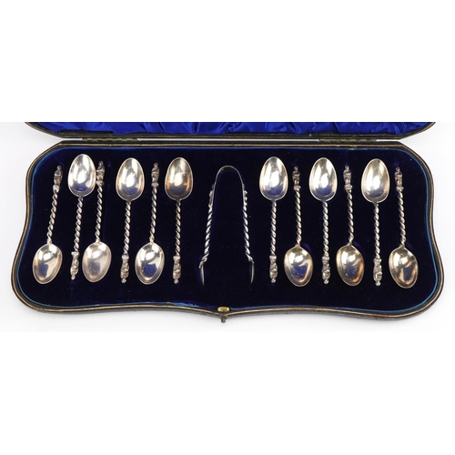 131 - William Hutton & Sons Ltd, set of twelve Victorian silver apostle teaspoons with matching sugar tong... 