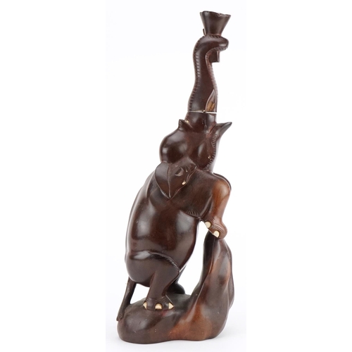 2449 - African hardwood carved hardwood table lamp in the form of an elephant, 49cm high