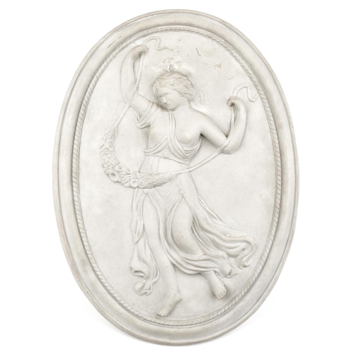 2324 - 19th century style oval plaster wall plaque decorated in relief with a semi nude maiden, 50cm x 36.5... 